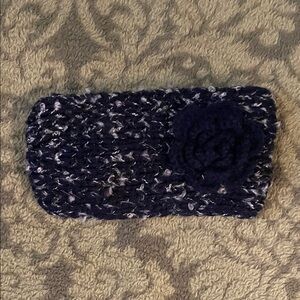 Chic Navy Knit Headband with Floral Detail
